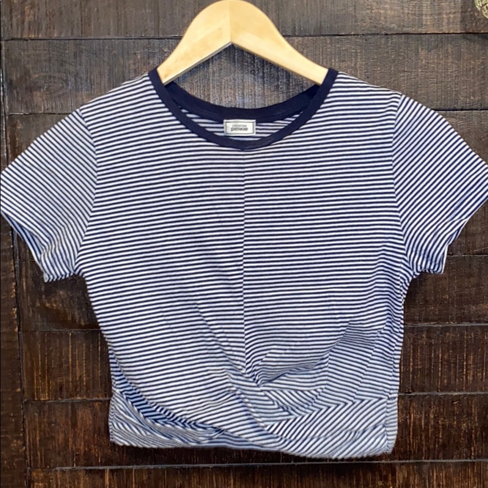 Blue and white striped crop top with tie